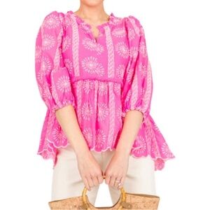 Umgee Women's Eyelet Peplum Top Long Bell Sleeves Coquette Fairy Cottagecore‎